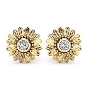 18K YELLOW GOLD  SUNFLOWER STUD EARRINGS, NICE EARRINGS, CUTE EARRINGS